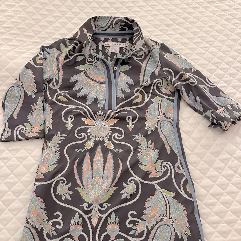 Gretchen Scott Designs green pale blue colorful Paisley Shirt Dress